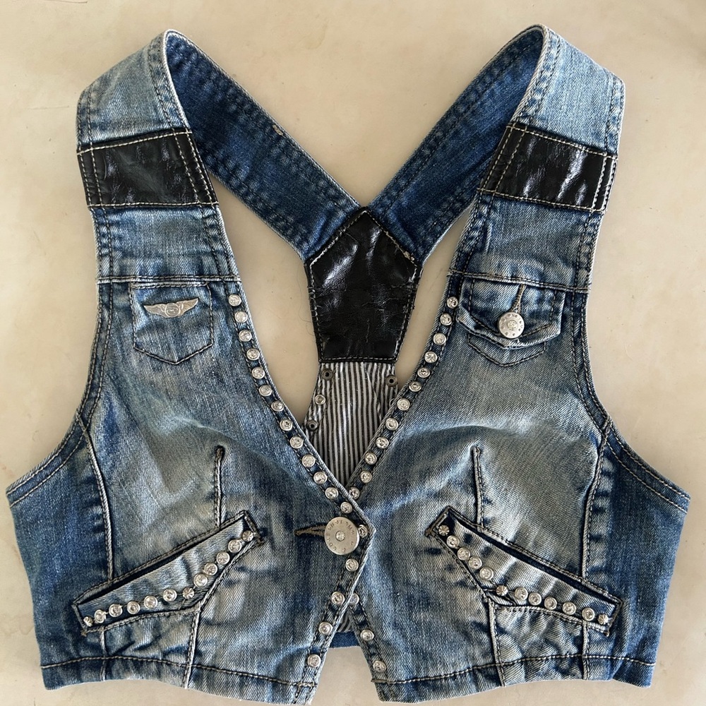 Chiole Architect Striped Denim S Vest w Rhinestone bling studs leather accents